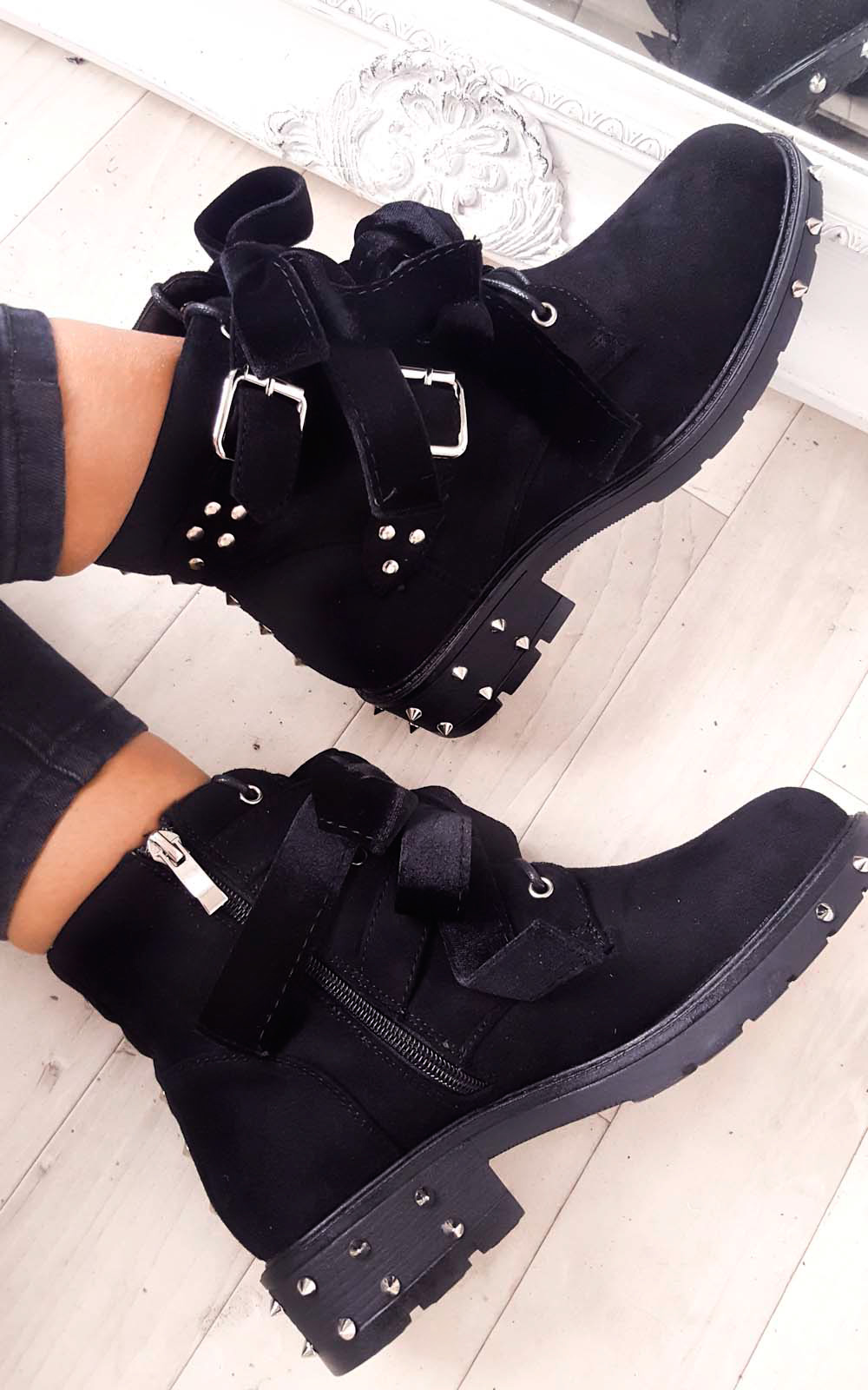 Taylor Studded Bow Faux Suede Ankle Boots Thumbnail