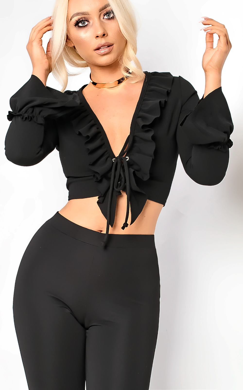 Styla Tie Front Bell Sleeve Crop Top Thumbnail Styla Tie Front Bell Sleeve Crop Top Thumbnail
