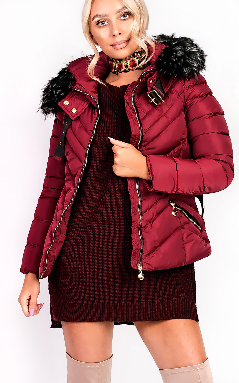 Elisia Padded Faux Fur Hooded Belted Jacket Elisia Padded Faux Fur Hooded Belted Jacket