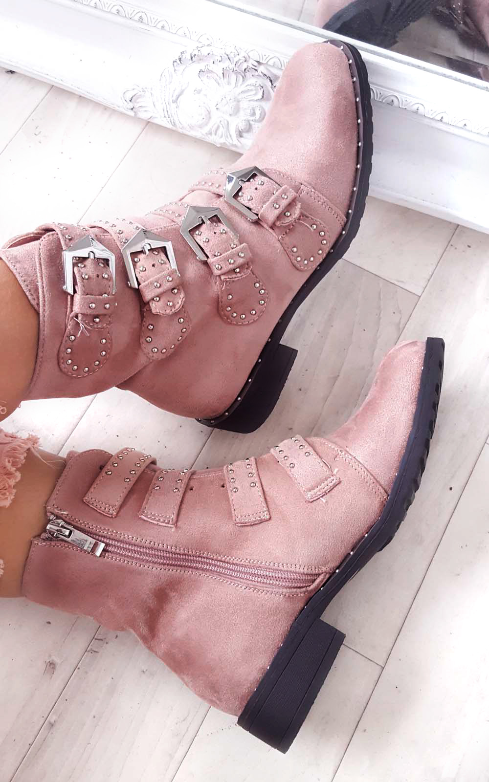 Alexis Studded Buckle Faux Suede Ankle Boots Thumbnail Alexis Studded Buckle Faux Suede Ankle Boots Thumbnail