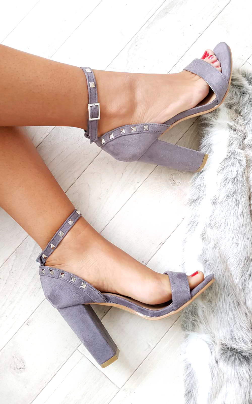 Lalia Faux Suede Studded Block Heels Thumbnail Lalia Faux Suede Studded Block Heels Thumbnail
