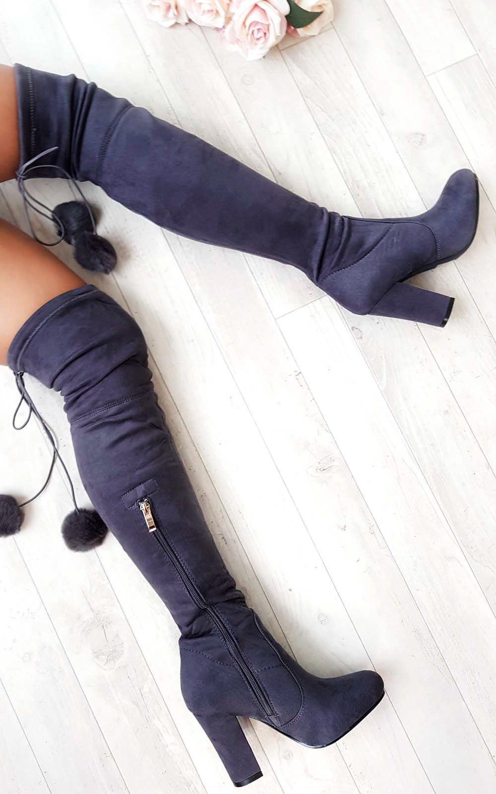 Poppy Pompom Faux Suede Knee High Boots 