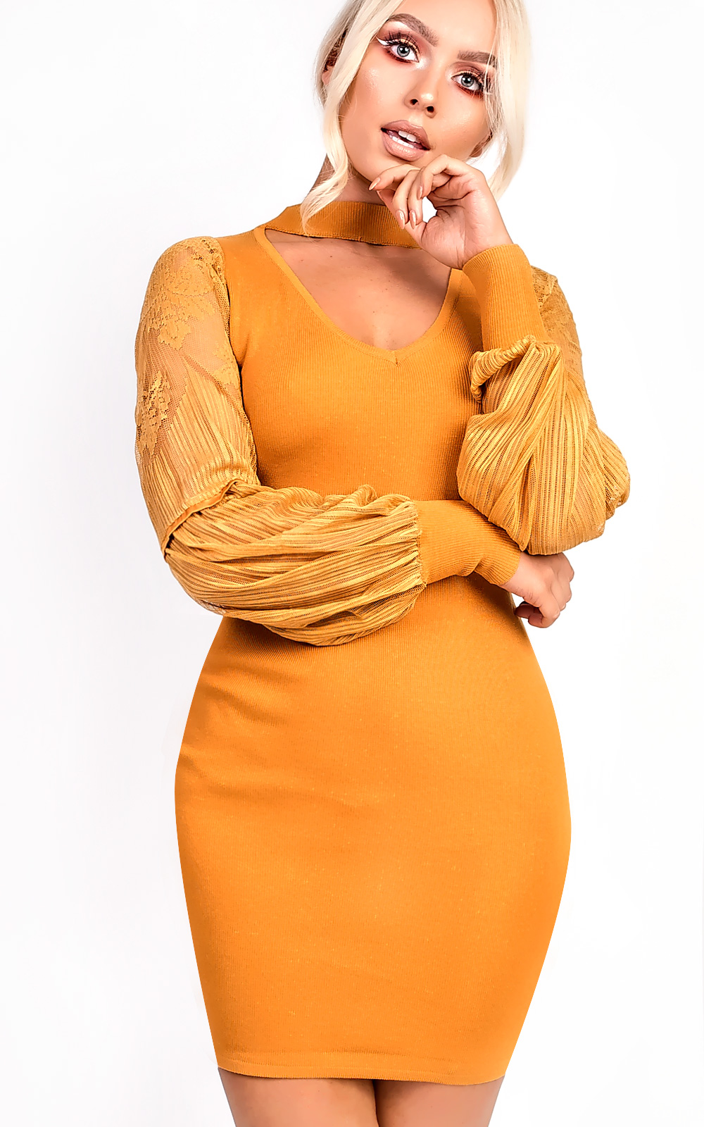 Lipsina Lace Sleeve Choker Stretch Jumper Dress Thumbnail Lipsina Lace Sleeve Choker Stretch Jumper Dress Thumbnail