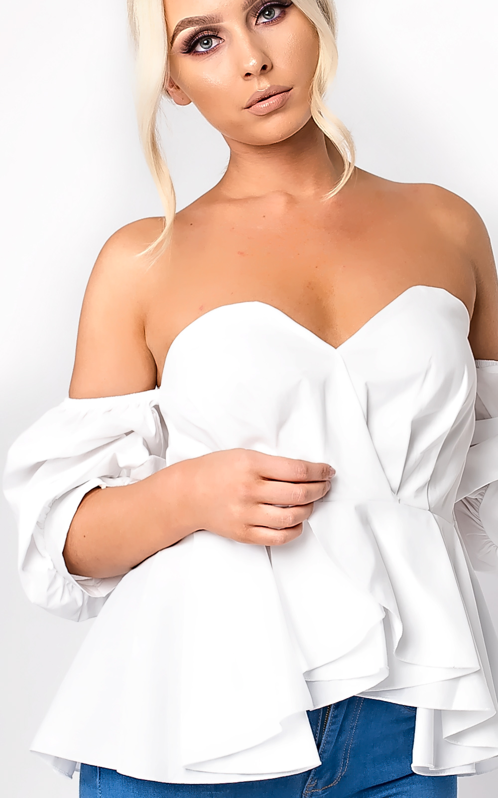 Beriska Bardot Ruffle Sleeve Peplum Top Thumbnail Beriska Bardot Ruffle Sleeve Peplum Top Thumbnail