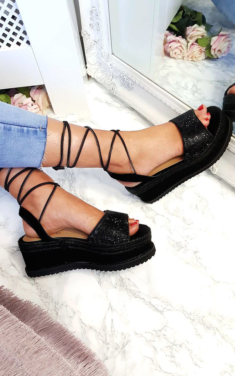 Diamante Flatform Sandals Tie Up Adalyn Diamante Lace Up Wedge Sandals