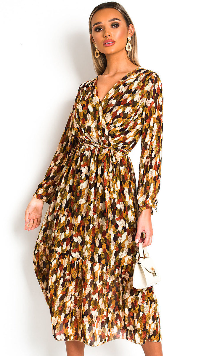 Adelaide Wrap Front Midi Dress in Coffee | ikrush