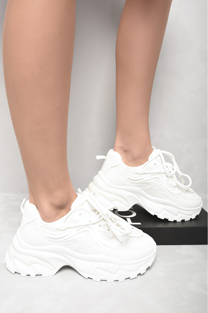 Sole Sneakers Lace Up Front Chunky Sole Trainers White Adriana Lace-up  Front Chunky Trainers Ikrush