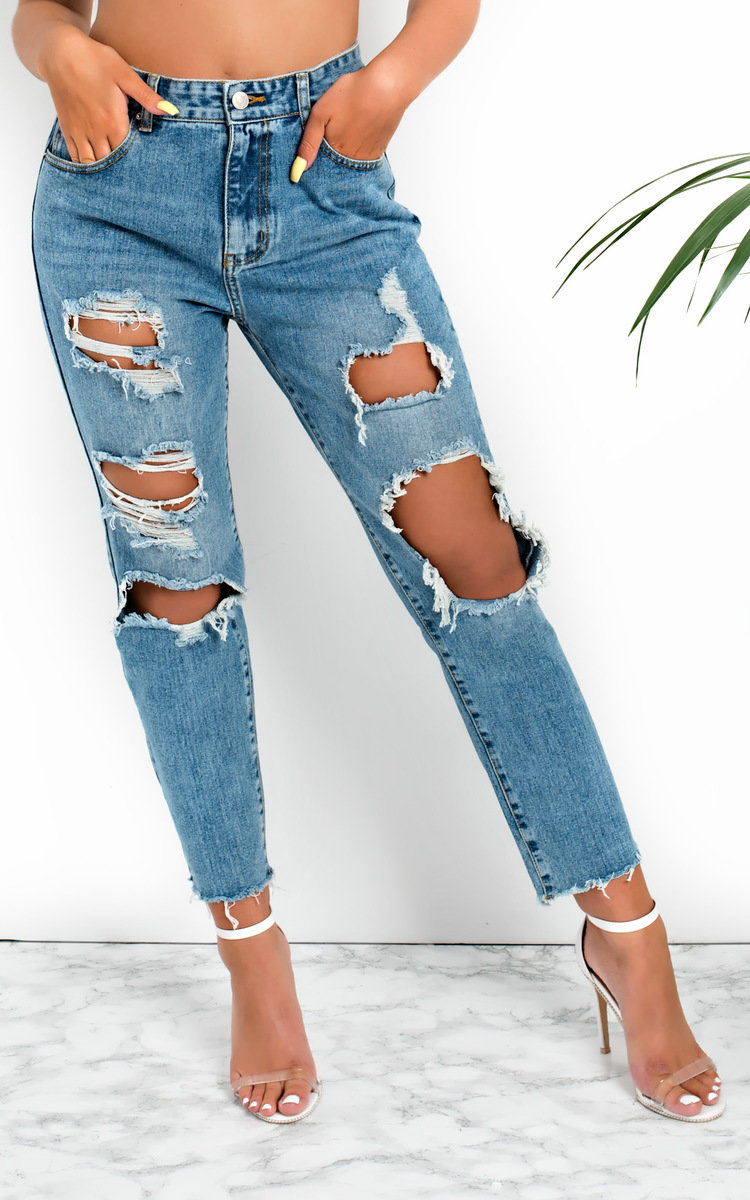 Afia Distressed Mom Jeans in Denim ikrush