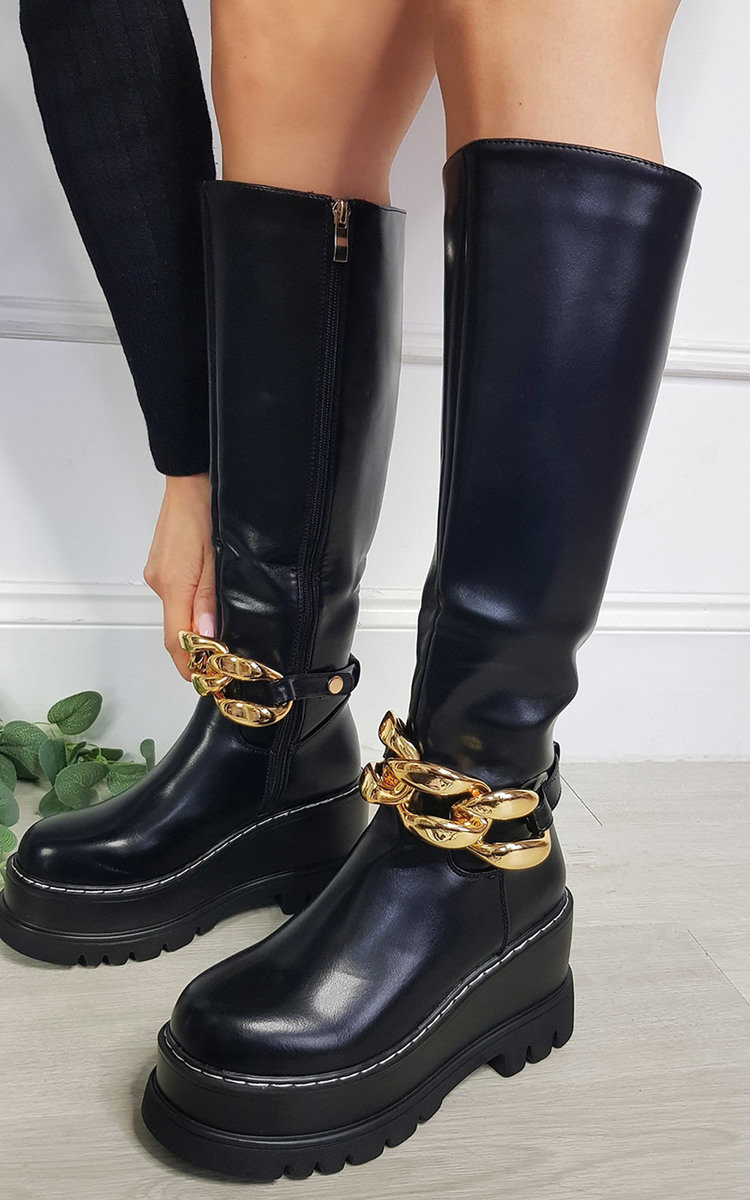 Alice Faux Leather Knee High Boot with Chain Detail Thumbnail