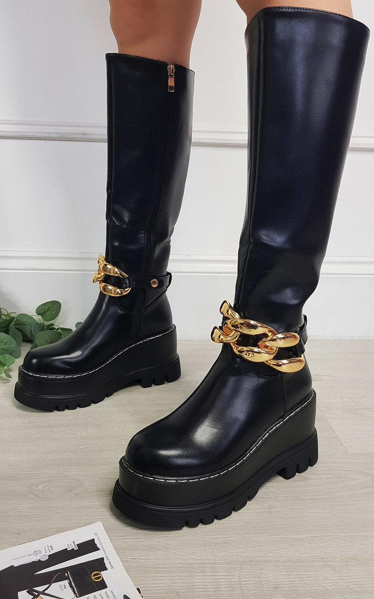 Alice Faux Leather Knee High Boot with Chain Detail