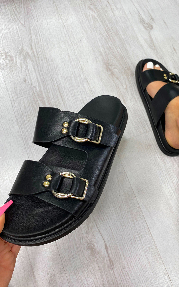 Alicia Double Buckle Sliders in Black | ikrush