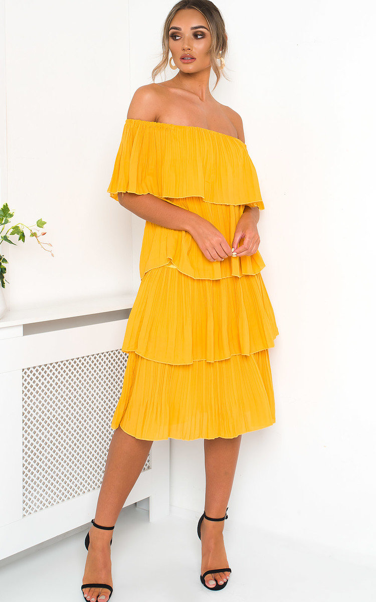 Alissa Off Shoulder Tiered Midi Dress in Mustard ikrush