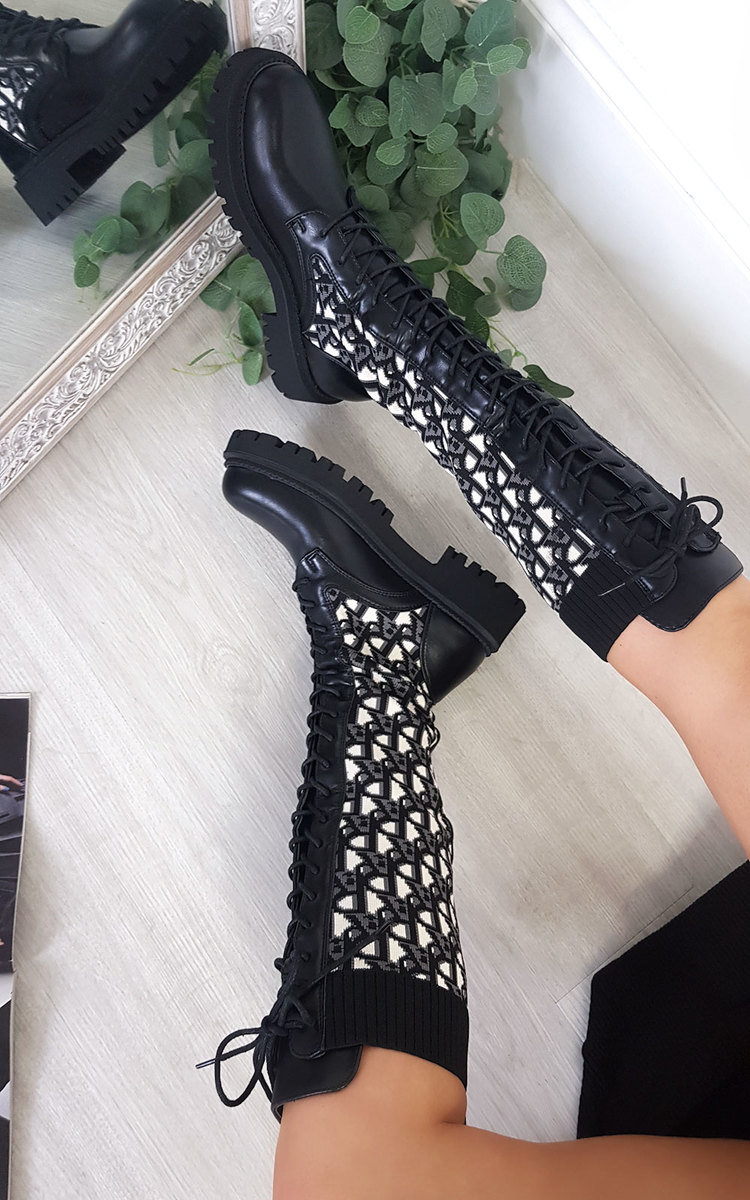 Alphera Printed Knee Length Lace Up Sock Boots Thumbnail Alphera Printed Knee Length Lace Up Sock Boots Thumbnail