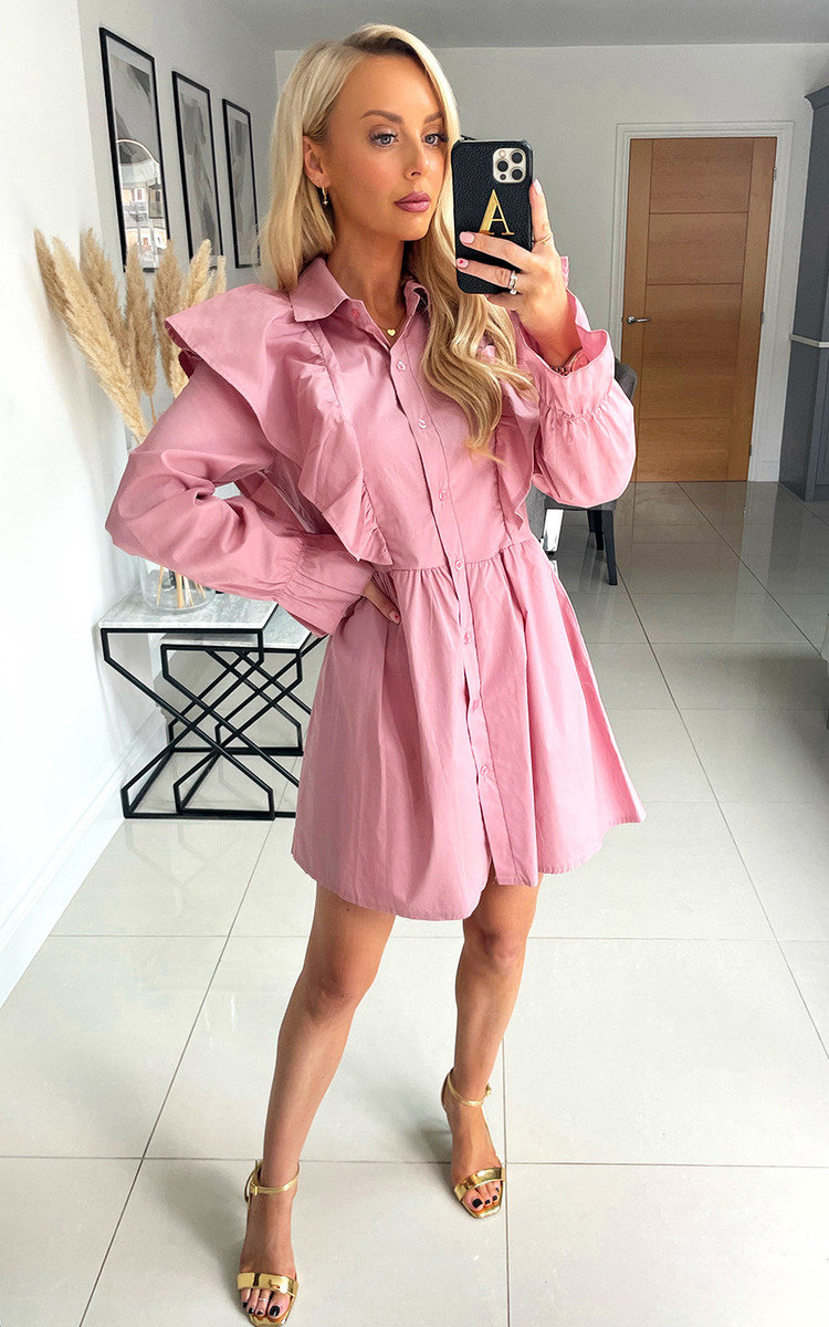 Amber Ruffle Detail Skater Dress with Cuffed Sleeves Thumbnail Amber Ruffle Detail Skater Dress with Cuffed Sleeves Thumbnail