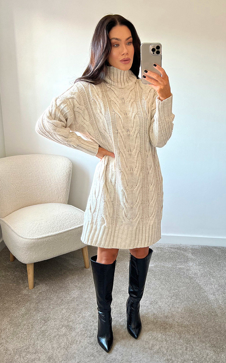 Amelia High Neck Cable Knit Jumper Dress Thumbnail Amelia High Neck Cable Knit Jumper Dress Thumbnail