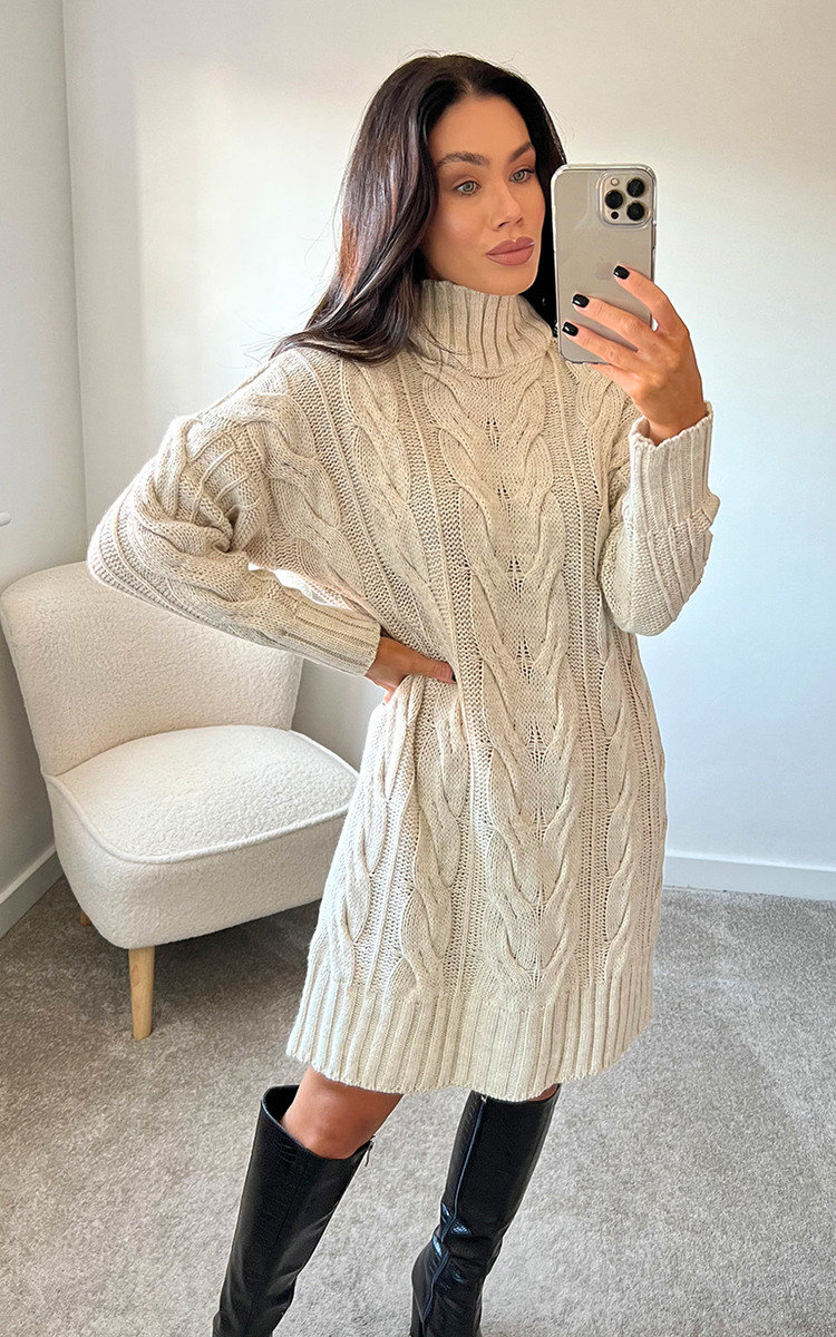 Amelia High Neck Cable Knit Jumper Dress Thumbnail