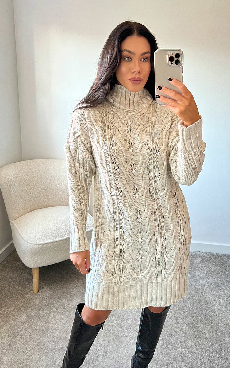 Amelia High Neck Cable Knit Jumper Dress