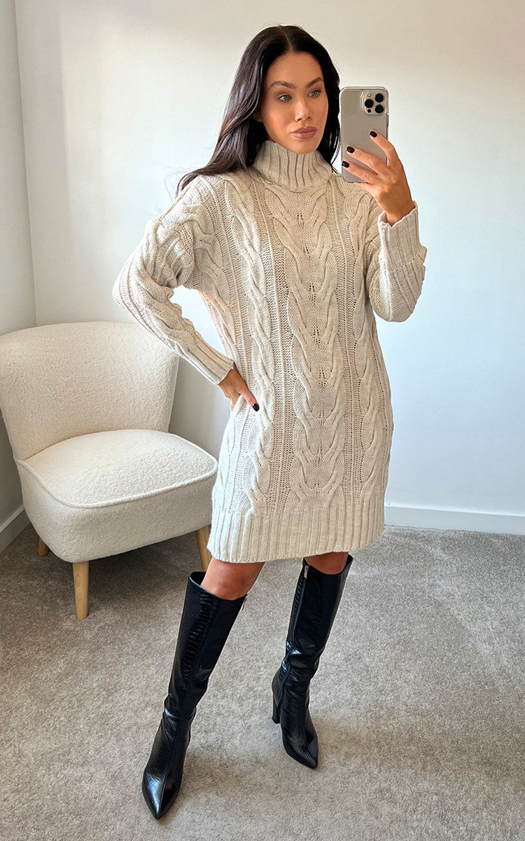 Amelia High Neck Cable Knit Jumper Dress Thumbnail Amelia High Neck Cable Knit Jumper Dress Thumbnail