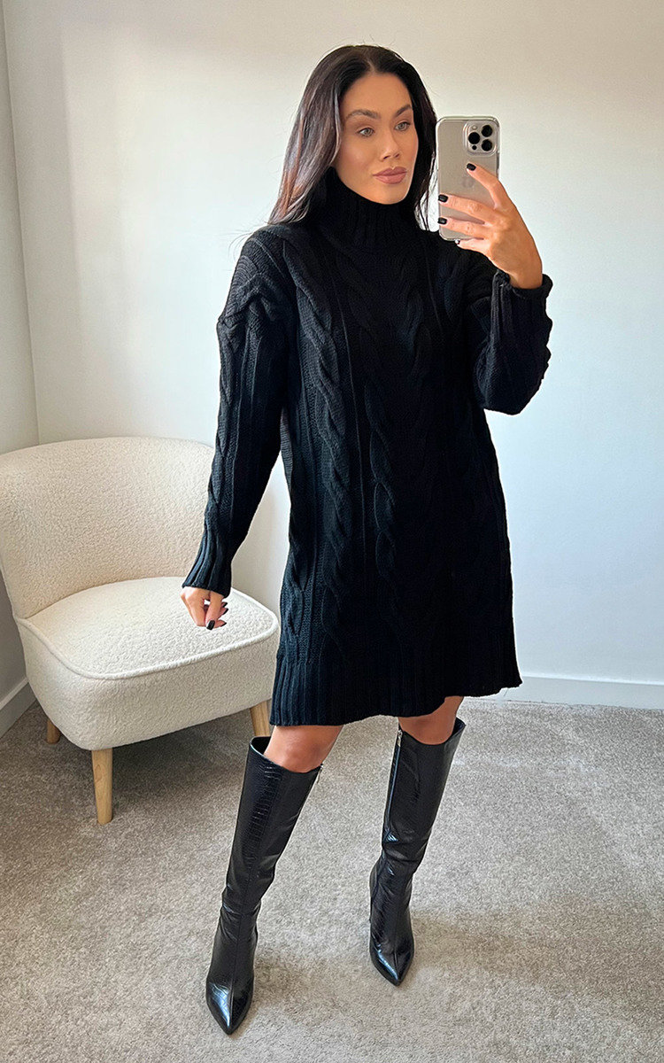 Amelia High Neck Cable Knit Jumper Dress Thumbnail