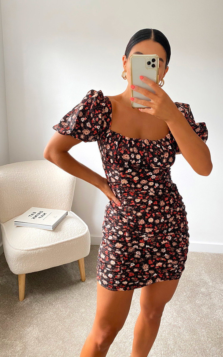 Amy Floral Bodycon Dress in Black | ikrush