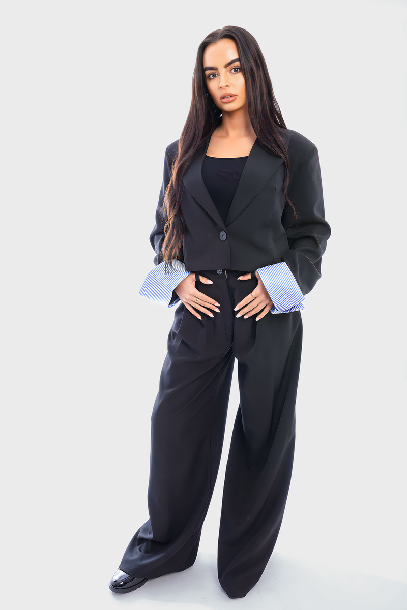Black Anya Long Sleeve Cropped Blazer Top And Straight Leg Trouser