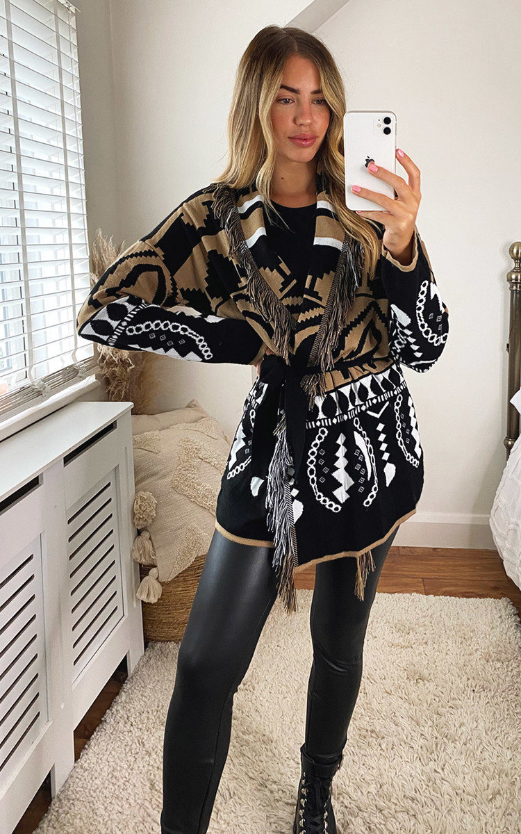 Ariel Oversized Knitted Cardigan with Belt and Fringe Detail Thumbnail Ariel Oversized Knitted Cardigan with Belt and Fringe Detail Thumbnail