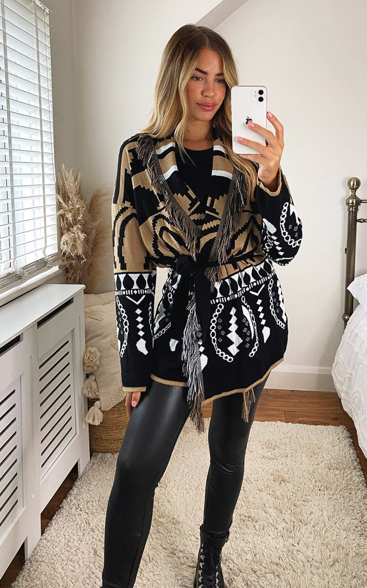 Ariel Oversized Knitted Cardigan with Belt and Fringe Detail Ariel Oversized Knitted Cardigan with Belt and Fringe Detail