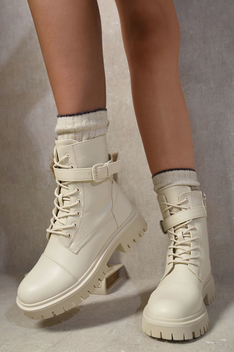 Beige Ariella Lace Up Buckle Chunky Combat Boots ikrush