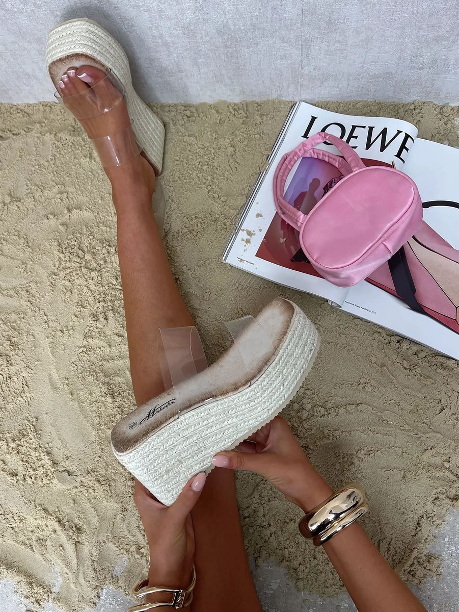 Beige Arissa Transparent Double Strap Platform Wedge Heels ikrush