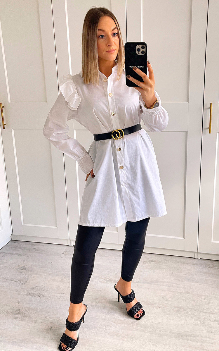 Ashley Frill Sleeve Longline Button Down Shirt Thumbnail Ashley Frill Sleeve Longline Button Down Shirt Thumbnail