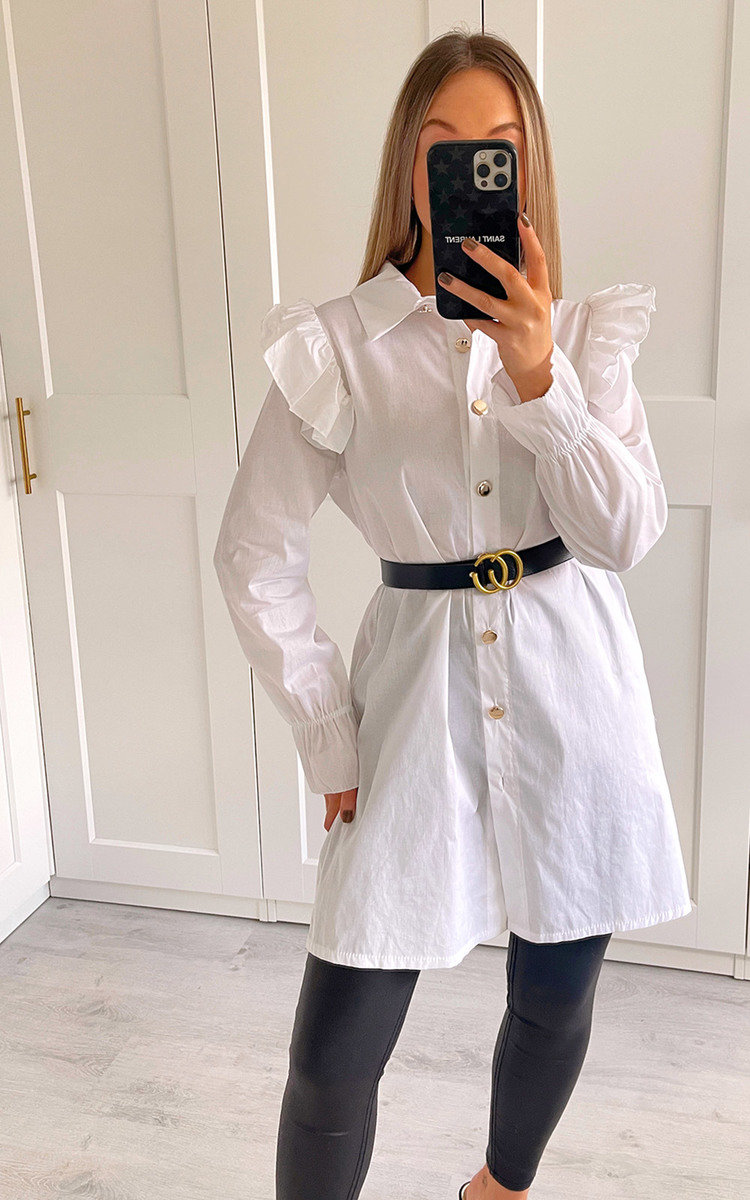 Ashley Frill Sleeve Longline Button Down Shirt Ashley Frill Sleeve Longline Button Down Shirt