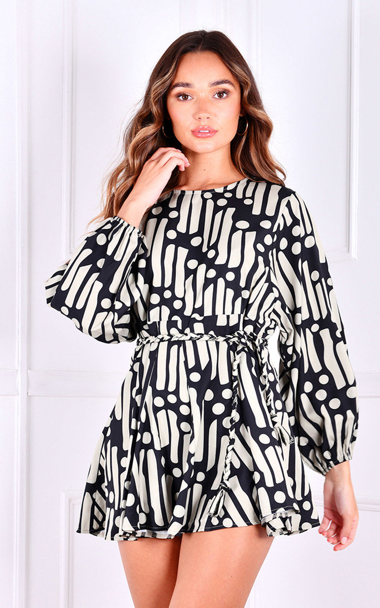 Ashlyn Oversized Sleeve Tie Waist Printed Mini Dress Ashlyn Oversized Sleeve Tie Waist Printed Mini Dress