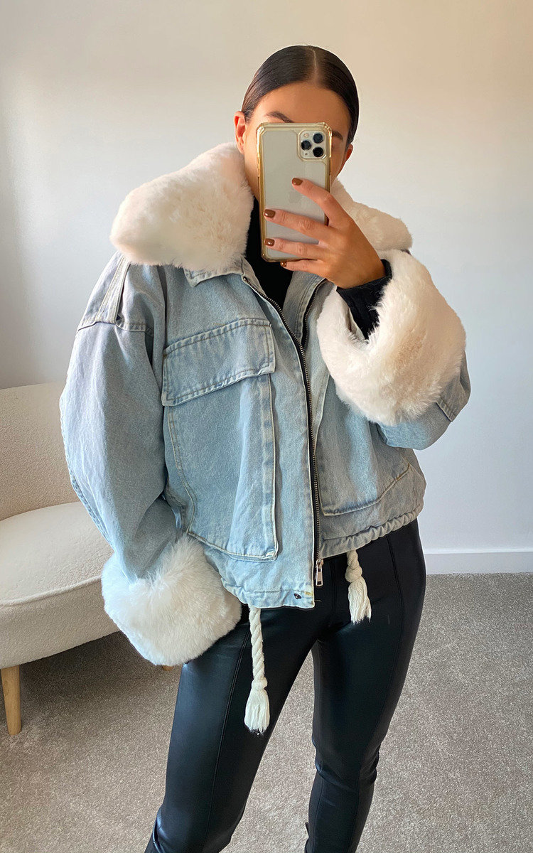 Aster Faux Fur Denim Bomber Jacket Thumbnail Aster Faux Fur Denim Bomber Jacket Thumbnail