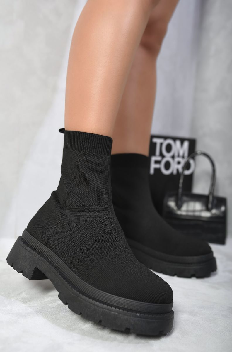 Black Aurora Platform Sock Ankle Boots ikrush