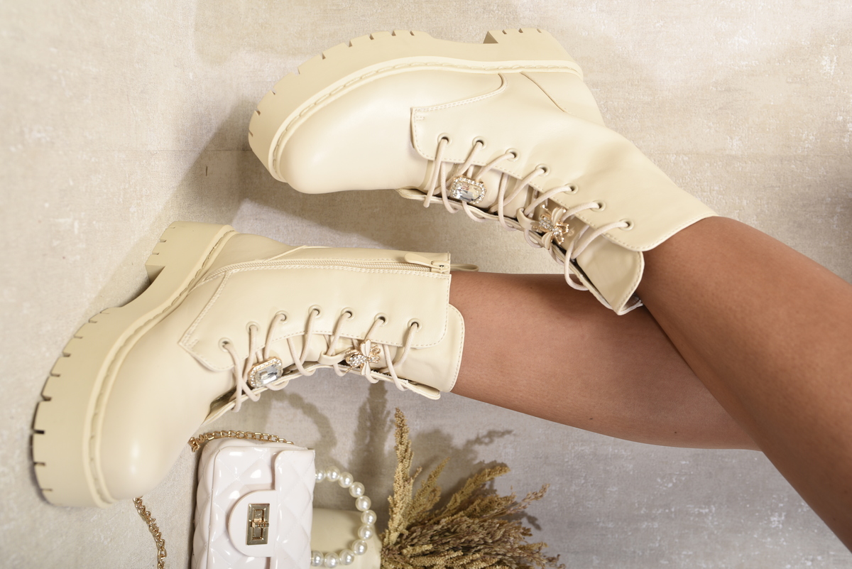 Beige Bailey Zip Lace Up Chunky Biker Boots with Decor Details