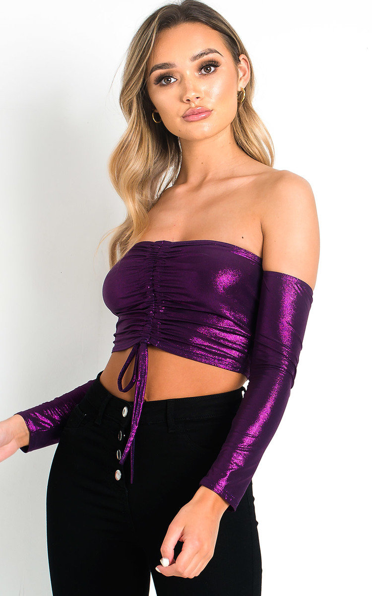 Bec Ruched Bardot Metallic Crop Top Thumbnail