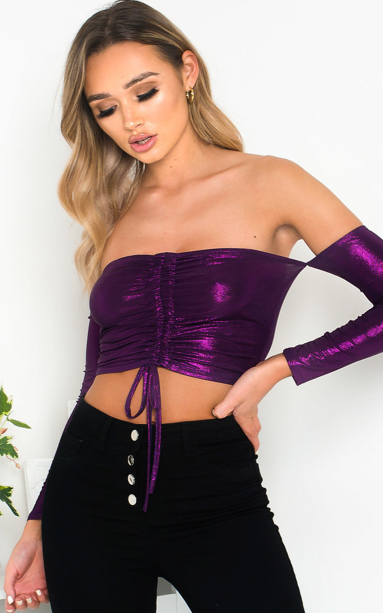 Bec Ruched Bardot Metallic Crop Top Bec Ruched Bardot Metallic Crop Top