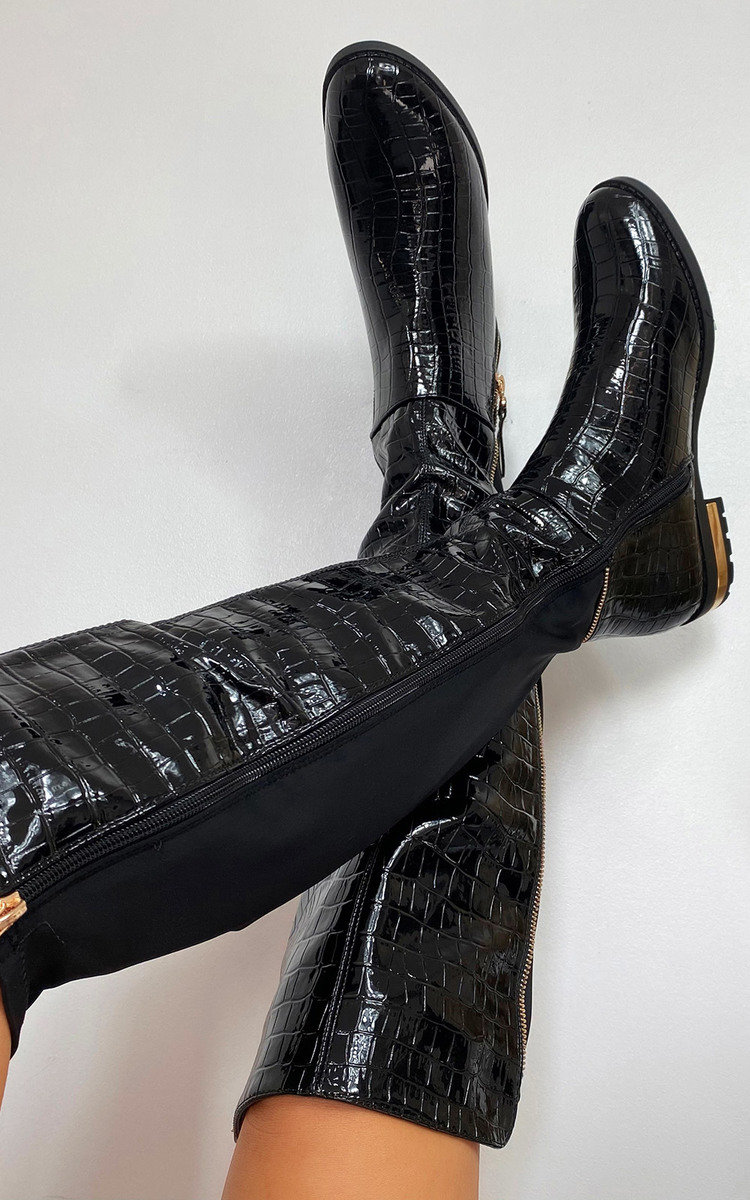 Becca Faux Leather Croc Print Knee High Boots Thumbnail