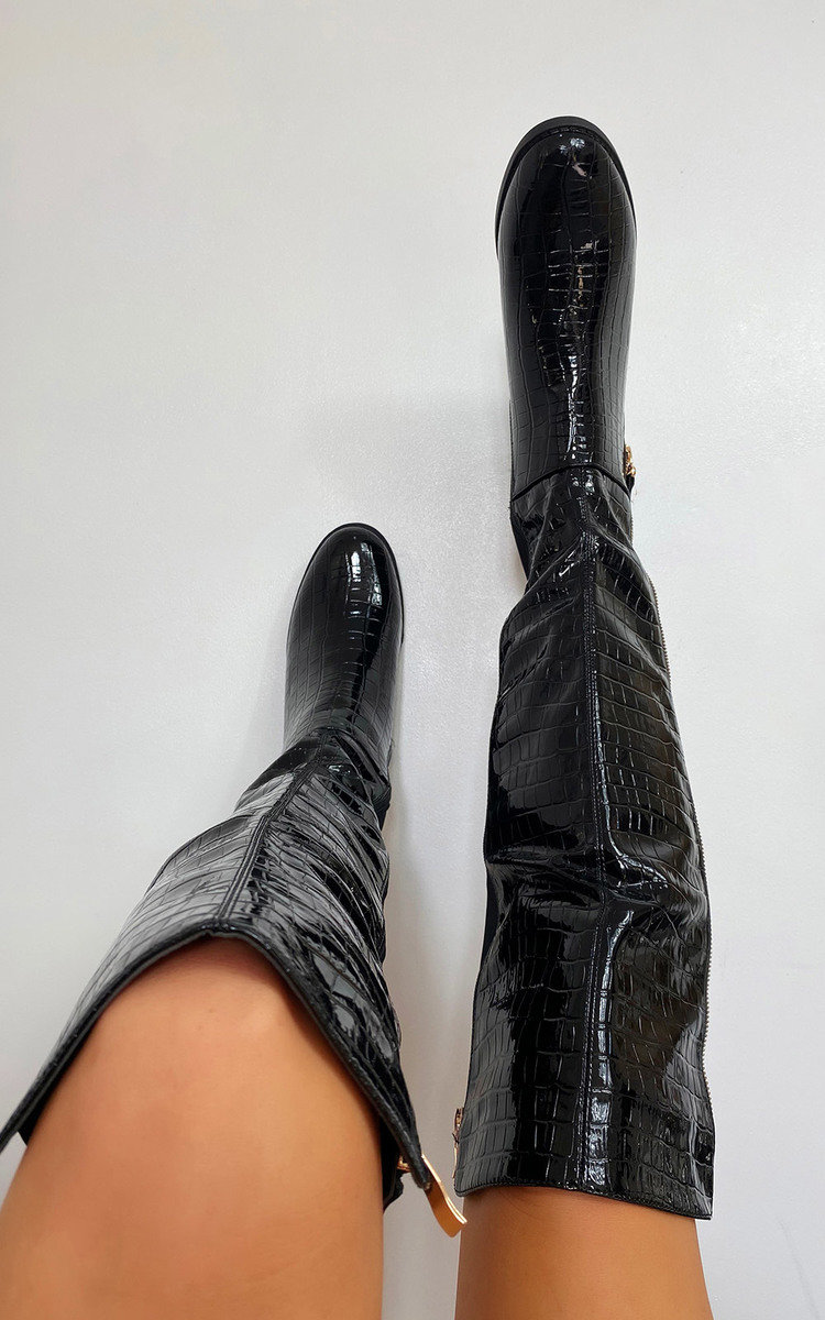 Becca Faux Leather Croc Print Knee High Boots Thumbnail