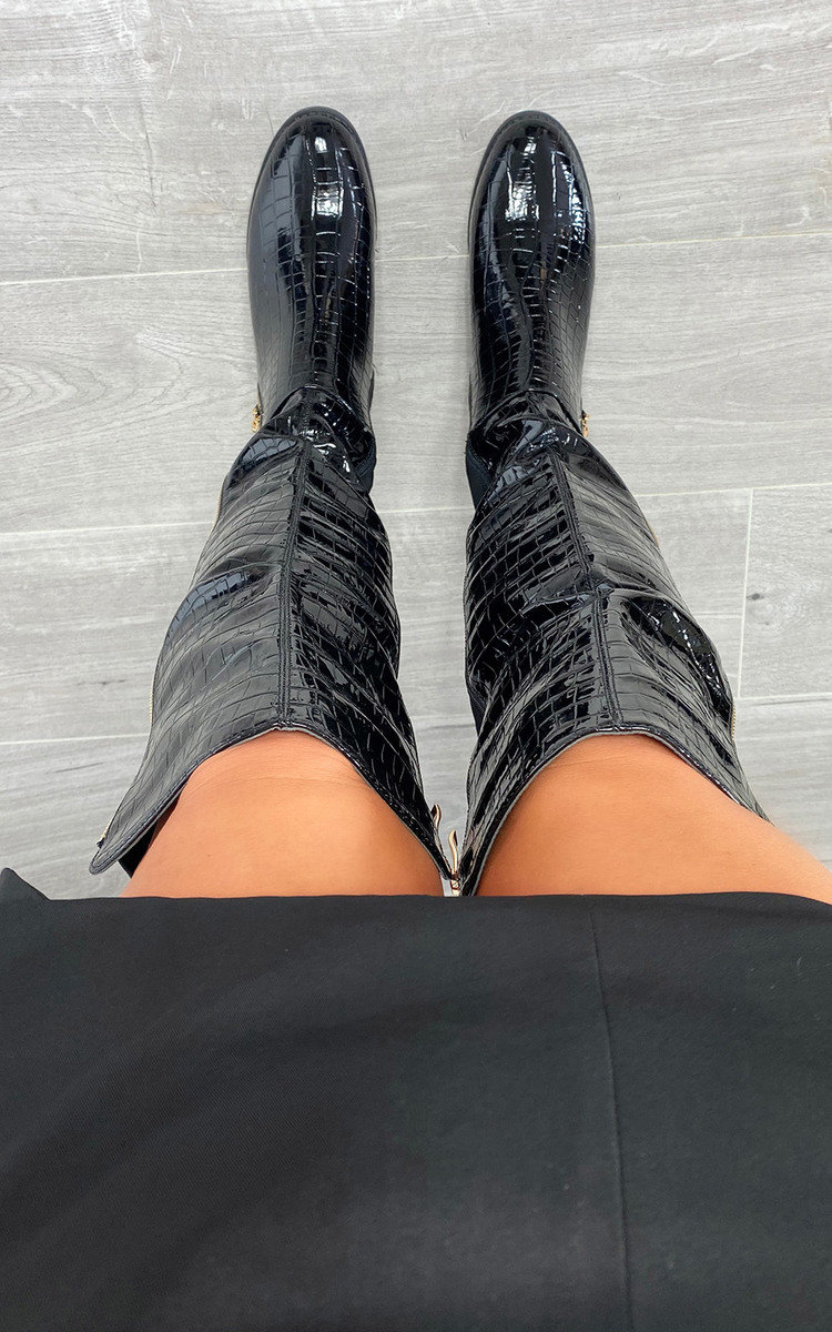 Becca Faux Leather Croc Print Knee High Boots Thumbnail