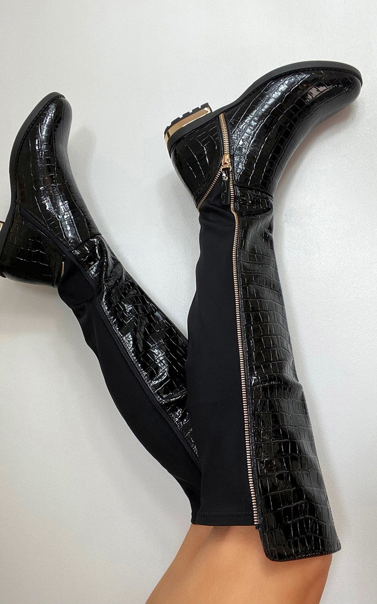 Becca Faux Leather Croc Print Knee High Boots