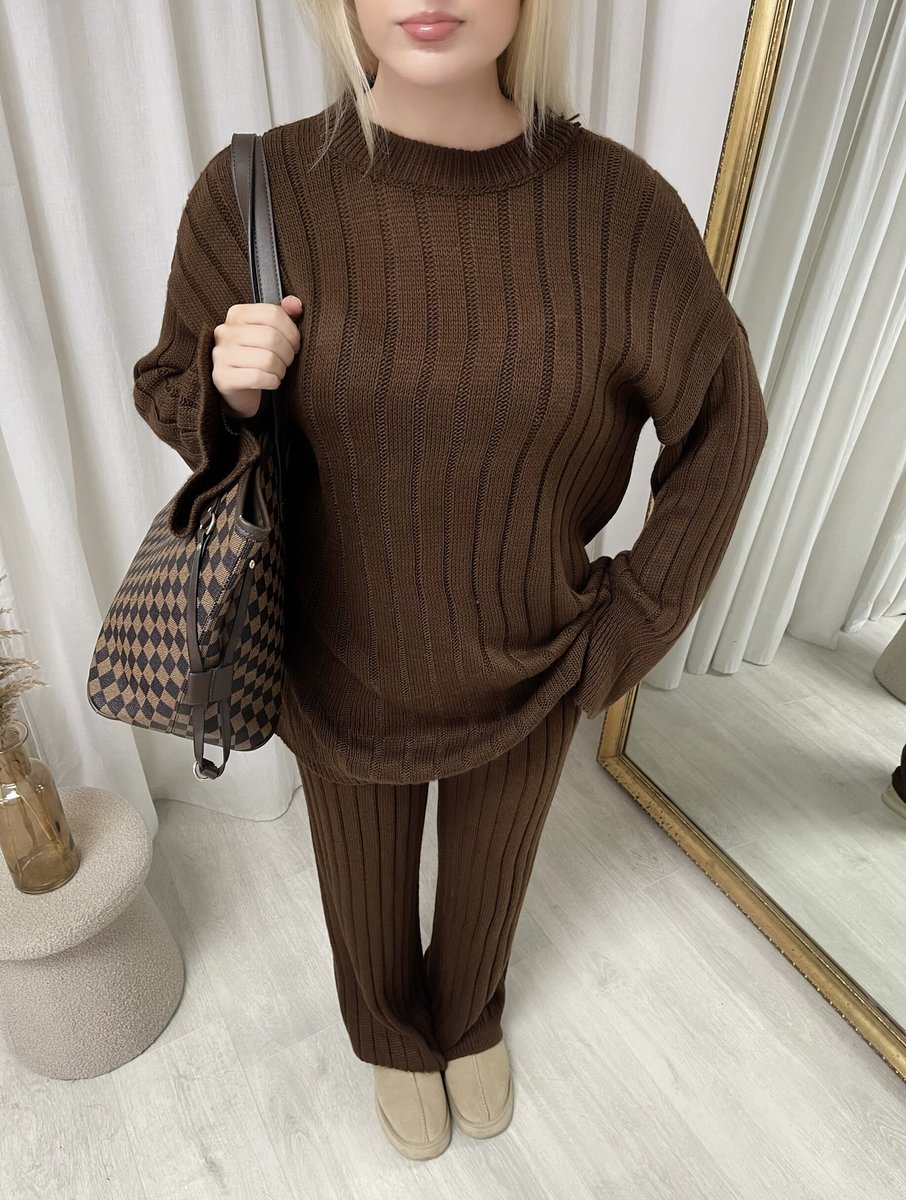 Brown Belinda Knitted Long Sleeve Top and Trouser Co-ord Set ikrush