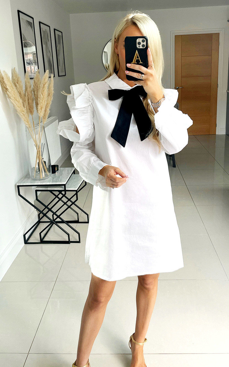Blair Collar Bow Dress with Open Ruffle Sleeve Detail Thumbnail Blair Collar Bow Dress with Open Ruffle Sleeve Detail Thumbnail
