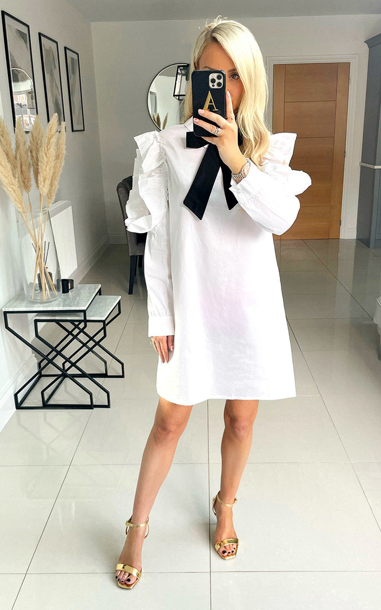 Blair Collar Bow Dress with Open Ruffle Sleeve Detail Thumbnail Blair Collar Bow Dress with Open Ruffle Sleeve Detail Thumbnail