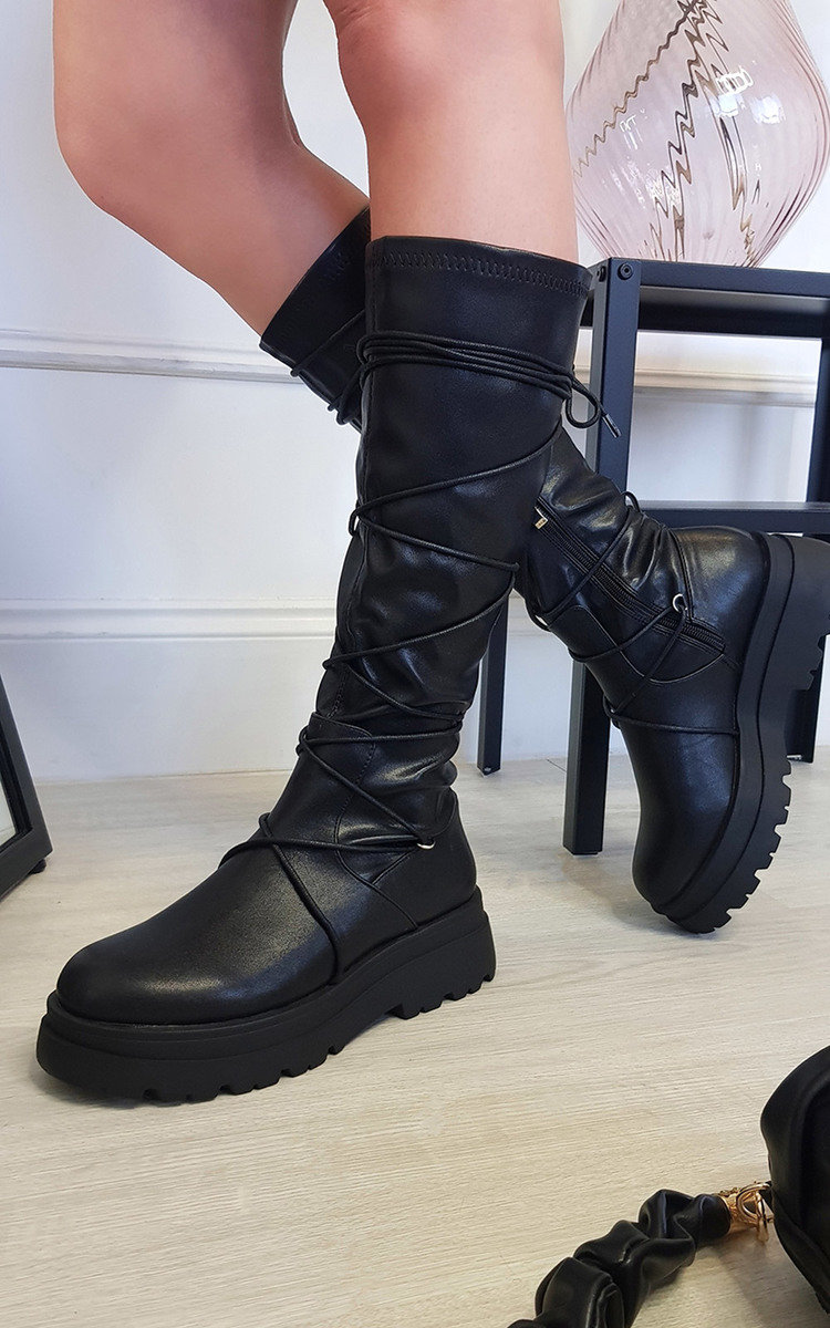 Bonnie Faux Leather Lace Up Knee High Boots Thumbnail Bonnie Faux Leather Lace Up Knee High Boots Thumbnail