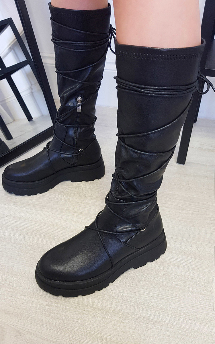 Bonnie Faux Leather Lace Up Knee High Boots Bonnie Faux Leather Lace Up Knee High Boots