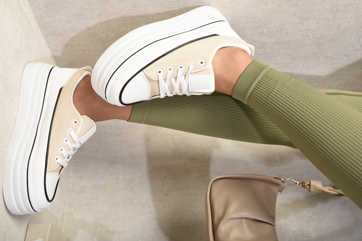 Breanna Platform Wedge Lace Up Trainers in Beige ikrush