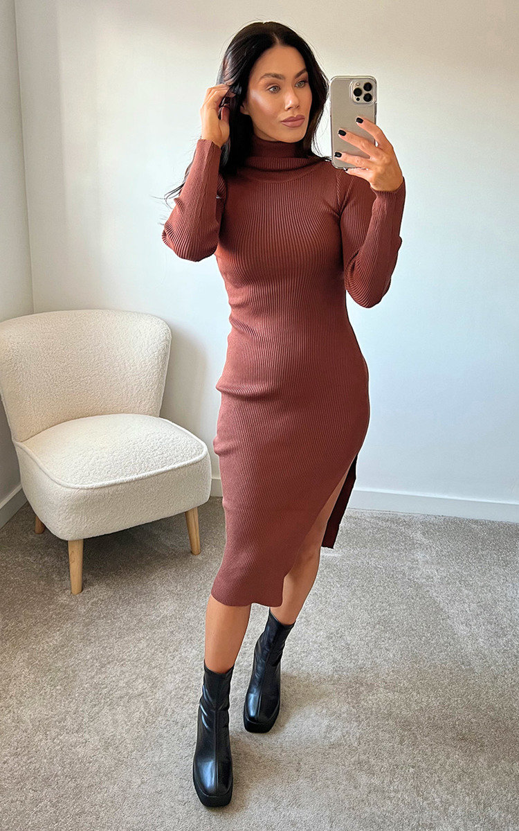 Camila Ribbed Side Split Midi Dress Thumbnail Camila Ribbed Side Split Midi Dress Thumbnail