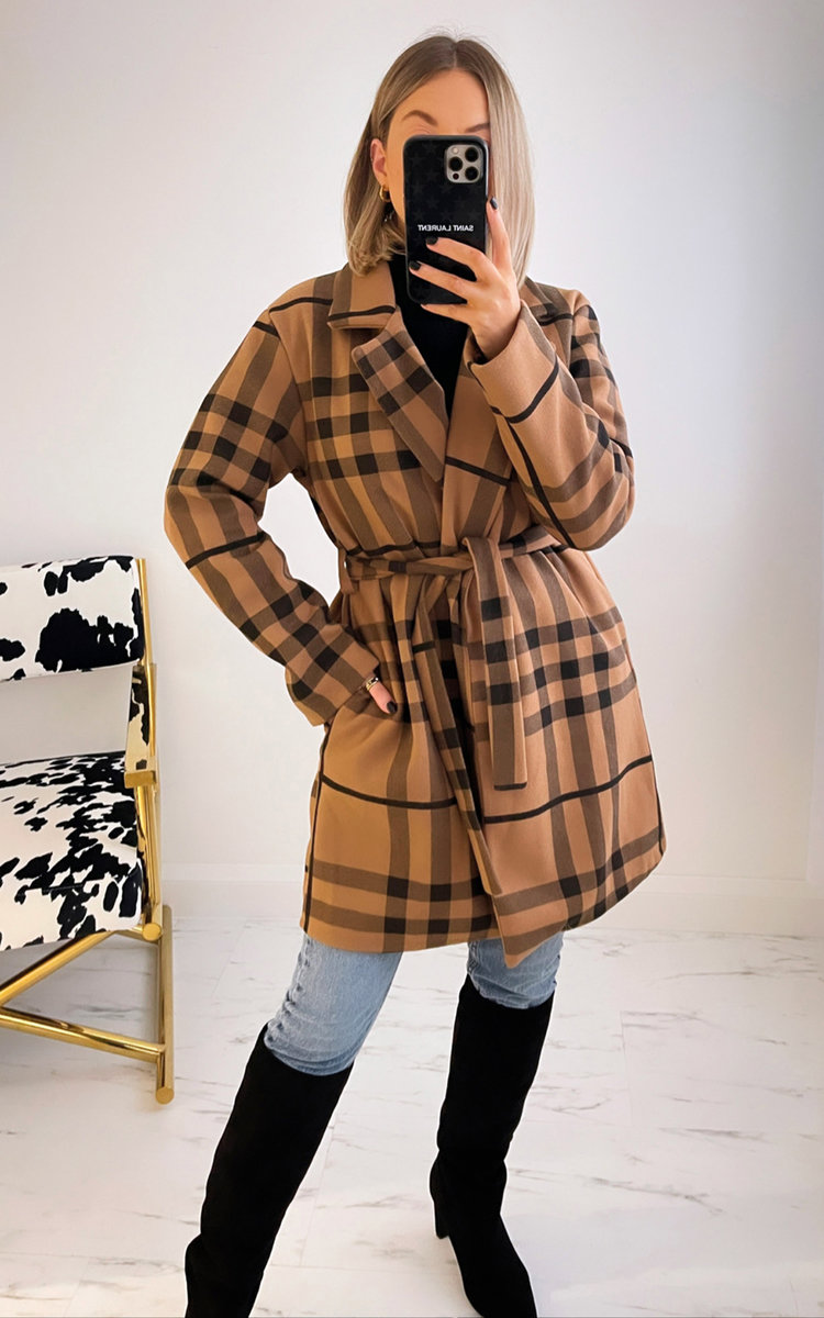 Cara Check Coat with Belt Detail