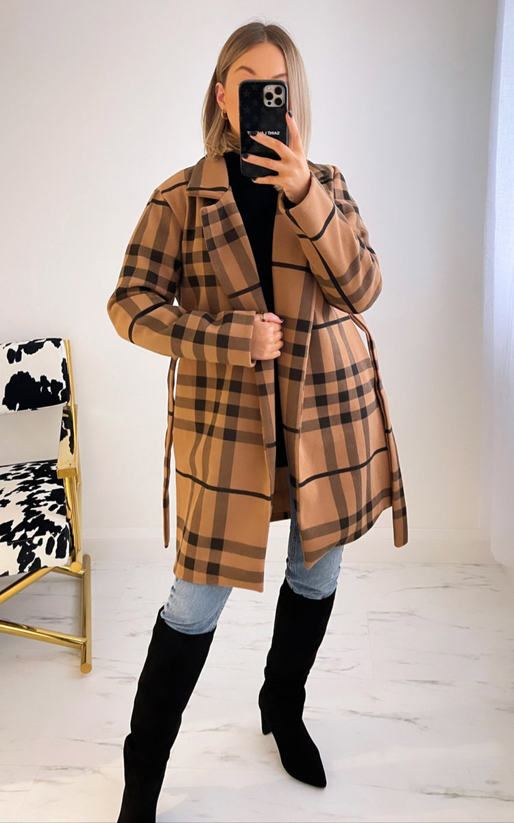 Cara Check Coat with Belt Detail Thumbnail Cara Check Coat with Belt Detail Thumbnail